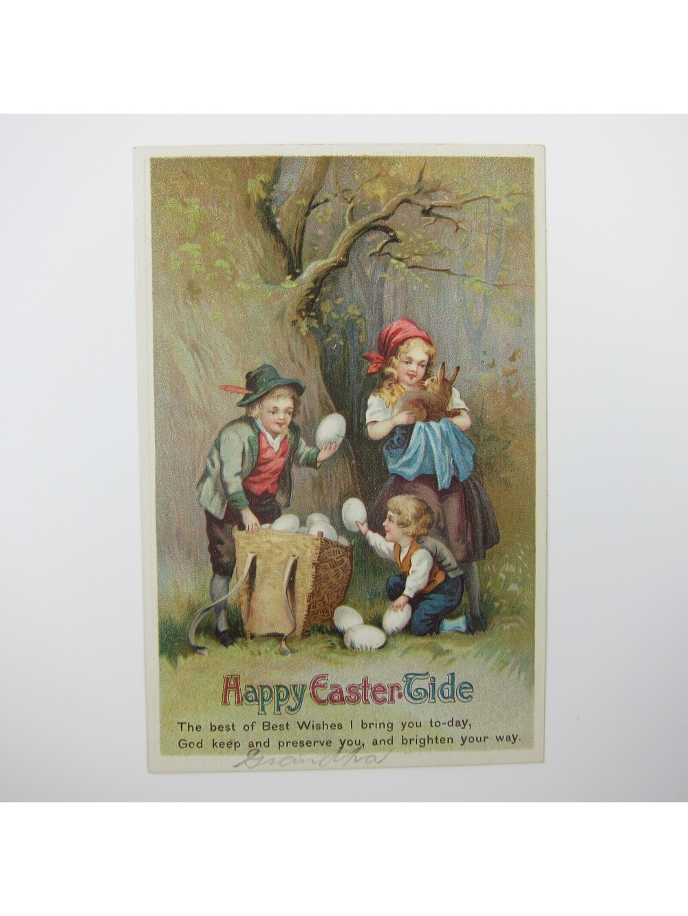 Easter Postcard Boys Collect Eggs in Basket Girl Holds Rabbit Embossed Antique